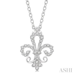 1/6 ctw Petite Carved Fleur De Lis Round Cut Diamond Fashion Pendant With Chain in 10K White Gold