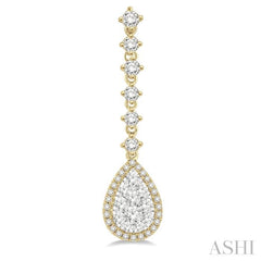 1 Ctw Pear Shape Dangler Round Cut Diamond Lovebright Earrings in 14K Yellow and White Gold