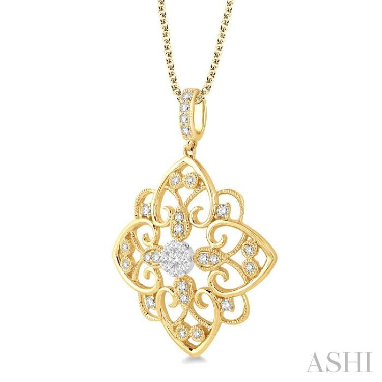 1/3 ctw Floral Heart Lovebright Round Cut Diamond Pendant With Chain in 14K Yellow and White Gold