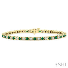 1 1/2 ctw Square Box Link 2.5MM Emerald and Round Cut Diamond Precious Tennis Bracelet in 14K Yellow Gold