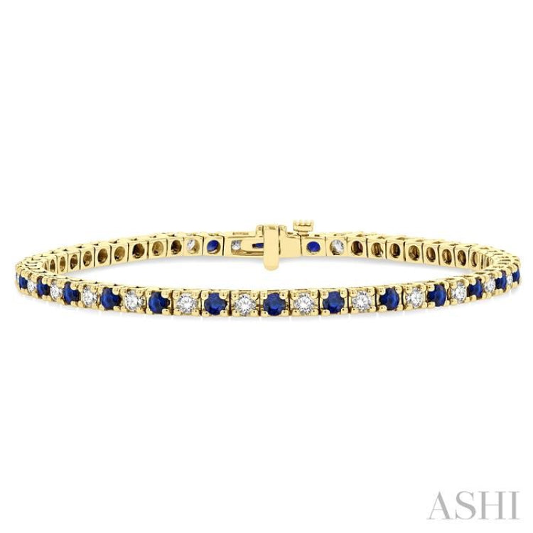 1 1/2 ctw Square Box Link 2.5MM Sapphire and Round Cut Diamond Precious Tennis Bracelet in 14K Yellow Gold