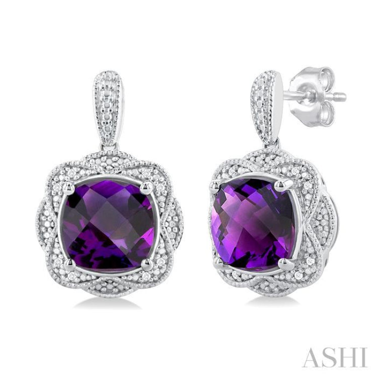 1/20 ctw Cushion Shape 8X8 MM Amethyst and Round Cut Diamond Semi Precious Earring in Sterling Silver