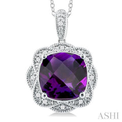 1/20 ctw Cushion Shape 10X10 MM Amethyst and Round Cut Diamond Semi Precious Pendant With Chain in Sterling Silver