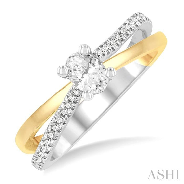 1/2 Ctw Two Tone Criss Cross Round & Oval Cut Diamond Engagement Ring With 1/3 ctw Oval Cut Center Stone in 14K White and Yellow Gold