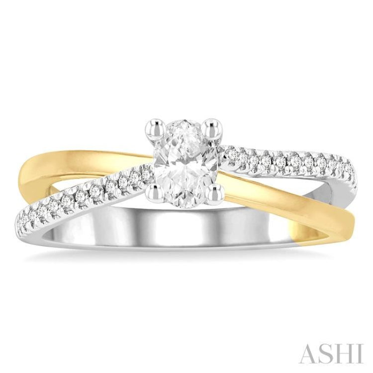 1/2 Ctw Two Tone Criss Cross Round & Oval Cut Diamond Engagement Ring With 1/3 ctw Oval Cut Center Stone in 14K White and Yellow Gold