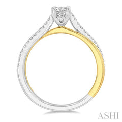 1/2 Ctw Two Tone Criss Cross Round & Oval Cut Diamond Engagement Ring With 1/3 ctw Oval Cut Center Stone in 14K White and Yellow Gold