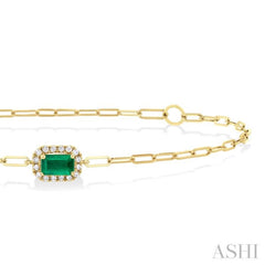 5X3MM Emerald and 1/20 ctw Single Cut Diamond Halo Precious Paper Clip Bracelet in 10K Yellow Gold