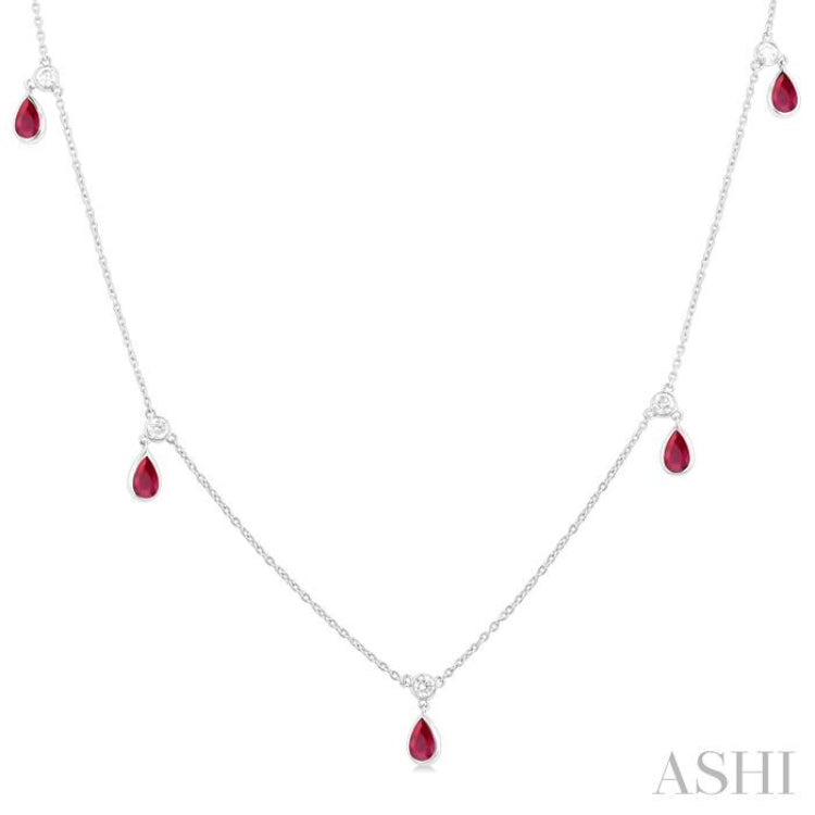 1/4 ctw Round Cut Diamonds and 5X3MM Pear Shape Ruby Precious Station Necklace in 14K White Gold