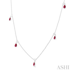 1/4 ctw Round Cut Diamonds and 5X3MM Pear Shape Ruby Precious Station Necklace in 14K White Gold