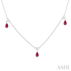 1/4 ctw Round Cut Diamonds and 5X3MM Pear Shape Ruby Precious Station Necklace in 14K White Gold