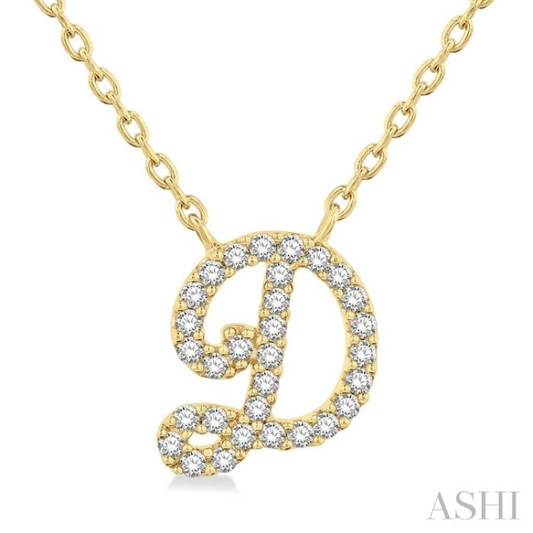 1/10 Ctw Initial 'D' Calligraphy Round Cut Diamond Fashion Pendant With Chain in 10K Yellow Gold