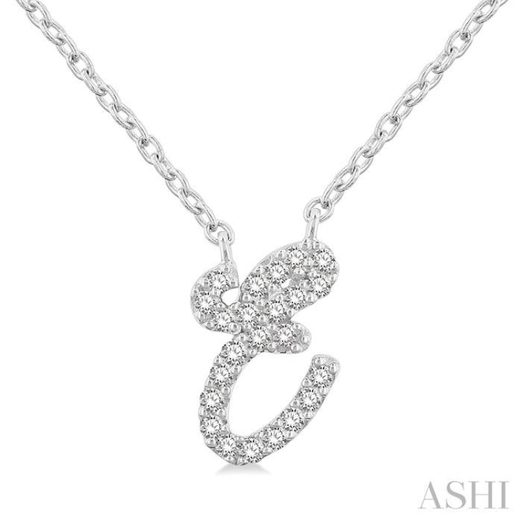 1/20 Ctw Initial 'E' Round cut Diamond Pendant With Chain in 10K White Gold