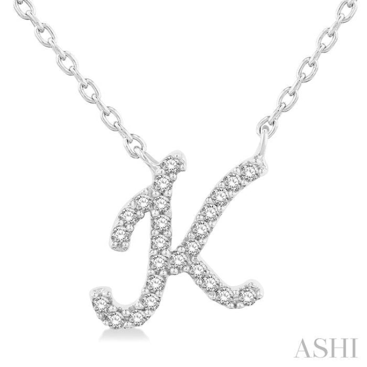 1/20 Ctw Initial 'K' Round cut Diamond Pendant With Chain in 10K White Gold