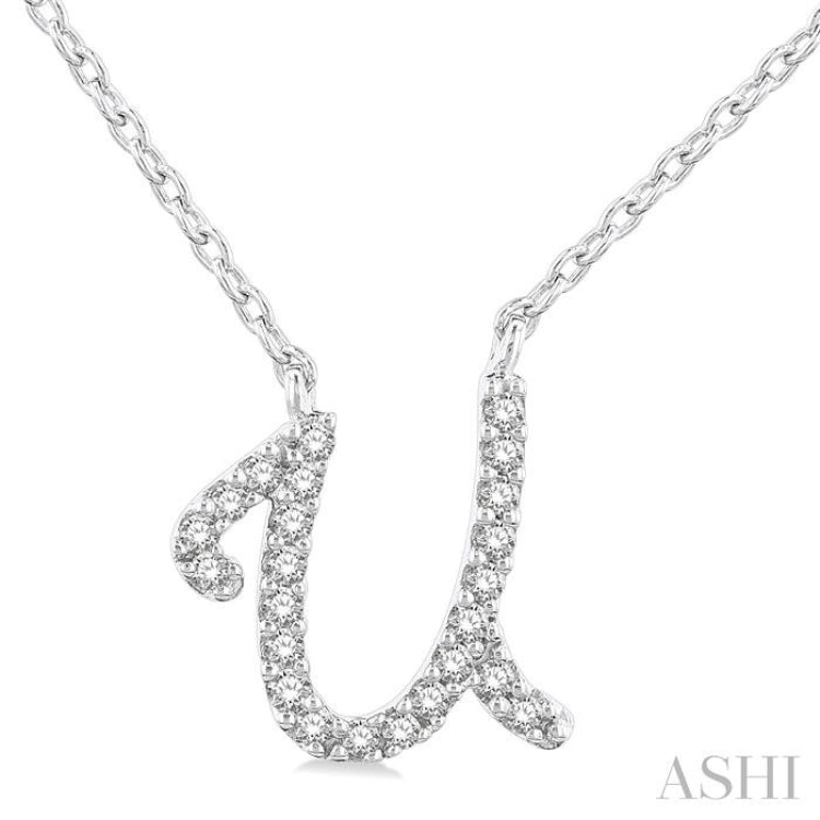 1/20 Ctw Initial 'U' Round cut Diamond Pendant With Chain in 10K White Gold