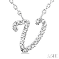 1/20 Ctw Initial 'V' Round cut Diamond Pendant With Chain in 10K White Gold