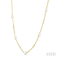 1/8 Ctw 3 MM Cultured Pearl and Round Cut Diamond Station Necklace in 14K Yellow Gold