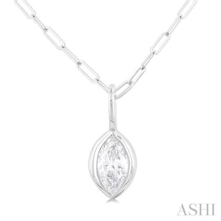 1/5 ctw Marquise Cut Bezel Set Diamond Fashion Pendant With Paper Clip Chain in 14K White Gold