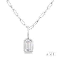 1/5 ctw Emerald Cut Bezel Set Diamond Fashion Pendant With Paper Clip Chain in 14K White Gold