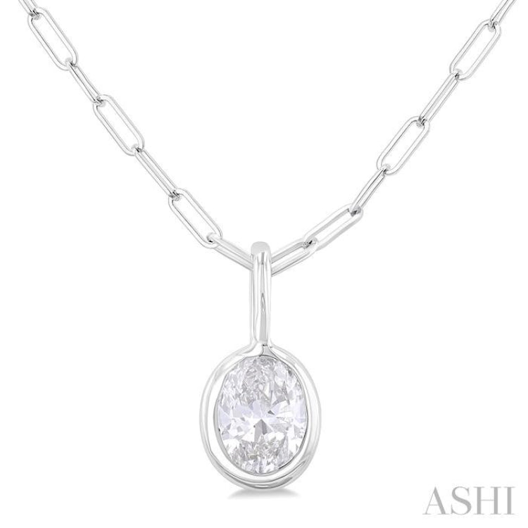 1/5 ctw Oval Cut Bezel Set Diamond Fashion Pendant With Paper Clip Chain in 14K White Gold