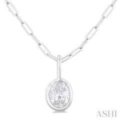 1/5 ctw Oval Cut Bezel Set Diamond Fashion Pendant With Paper Clip Chain in 14K White Gold