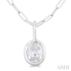 1/5 ctw Oval Cut Bezel Set Diamond Fashion Pendant With Paper Clip Chain in 14K White Gold