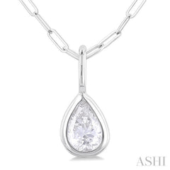 1/5 ctw Pear Cut Bezel Set Diamond Fashion Pendant With Paper Clip Chain in 14K White Gold