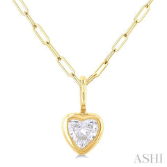 1/5 ctw Heart Shape Bezel Set Diamond Fashion Pendant With Paper Clip Chain in 14K Yellow Gold