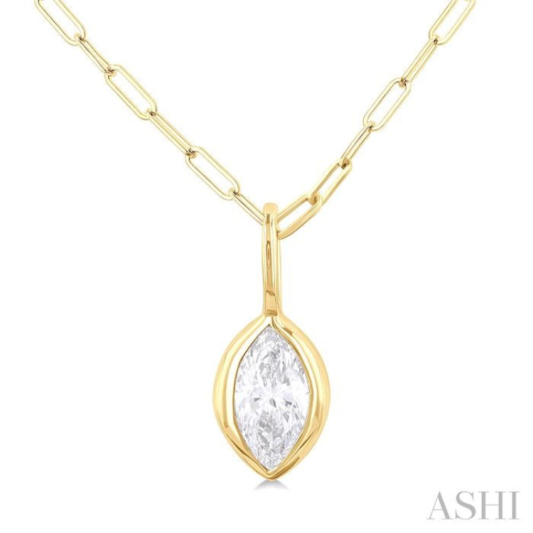 1/5 ctw Marquise Cut Bezel Set Diamond Fashion Pendant With Paper Clip Chain in 14K Yellow Gold