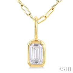 1/5 ctw Emerald Cut Bezel Set Diamond Fashion Pendant With Paper Clip Chain in 14K Yellow Gold