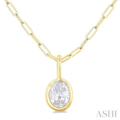 1/5 ctw Oval Cut Bezel Set Diamond Fashion Pendant With Paper Clip Chain in 14K Yellow Gold