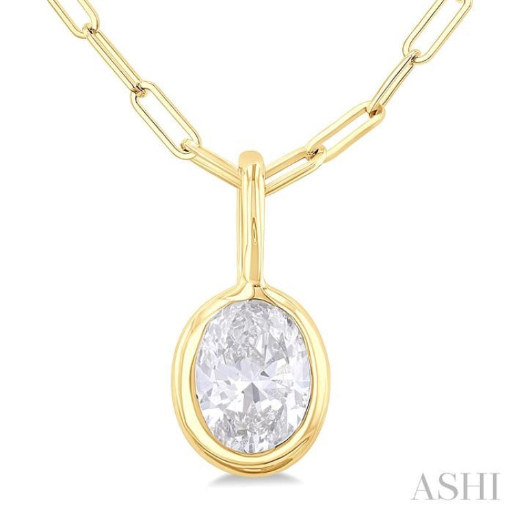 1/5 ctw Oval Cut Bezel Set Diamond Fashion Pendant With Paper Clip Chain in 14K Yellow Gold