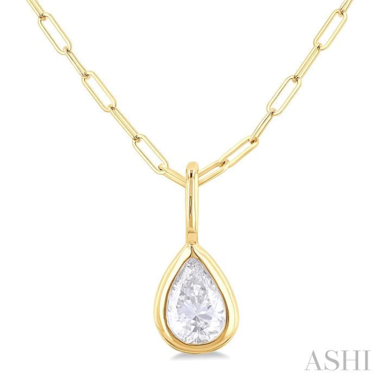 1/5 ctw Pear Cut Bezel Set Diamond Fashion Pendant With Paper Clip Chain in 14K yellow Gold