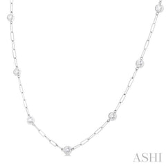 1.00 ctw Bezel Set Round Cut Diamond Paperclip Station Necklace in 14K White Gold