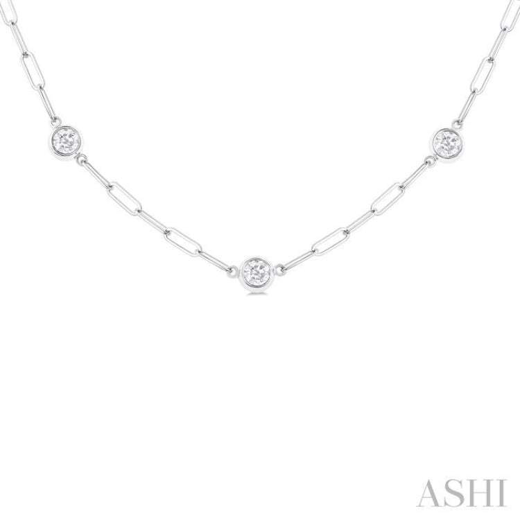 1.00 ctw Bezel Set Round Cut Diamond Paperclip Station Necklace in 14K White Gold