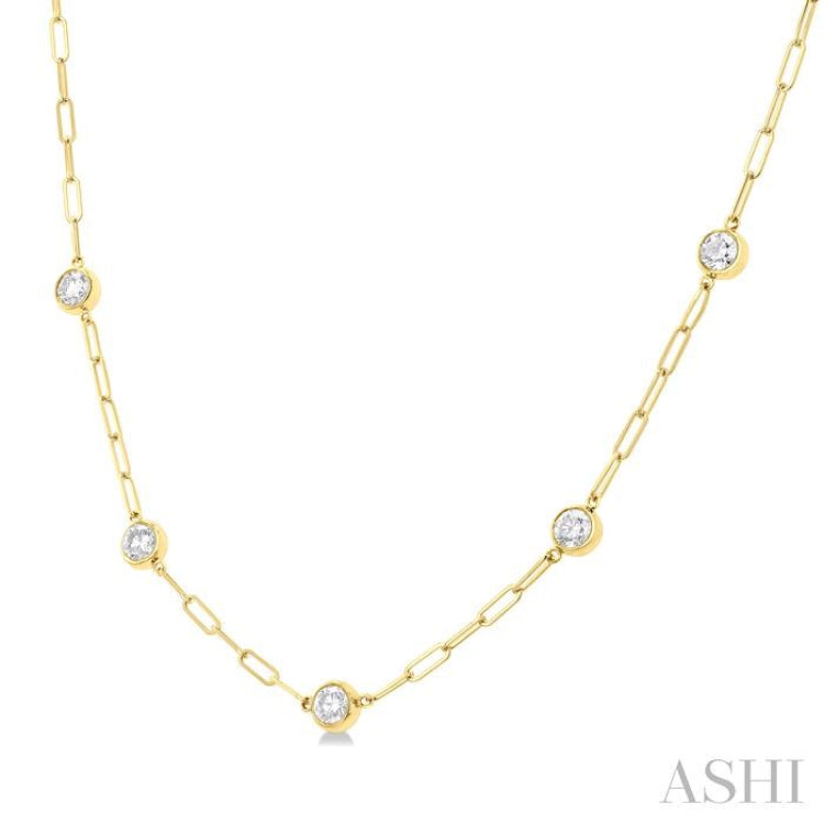 1 1/2 ctw Bezel Set Round Cut Diamond Paperclip Station Necklace in 14K Yellow Gold