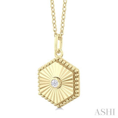 1/20 Ctw Hexagon fluted medallion Round Cut Diamond Pendant With Chain in 14K Yellow Gold