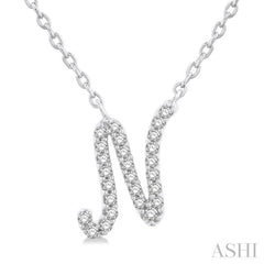 1/10 Ctw Initial 'N' Round cut Diamond Pendant With Chain in 14K White Gold