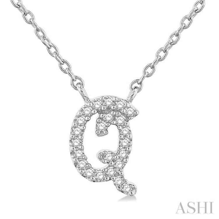 1/10 Ctw Initial 'Q' Round cut Diamond Pendant With Chain in 14K White Gold