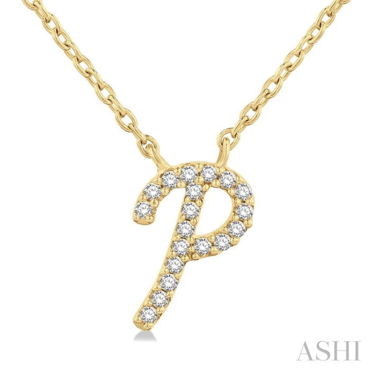 1/20 Ctw Initial 'P' Round cut Diamond Pendant With Chain in 14K Yellow Gold