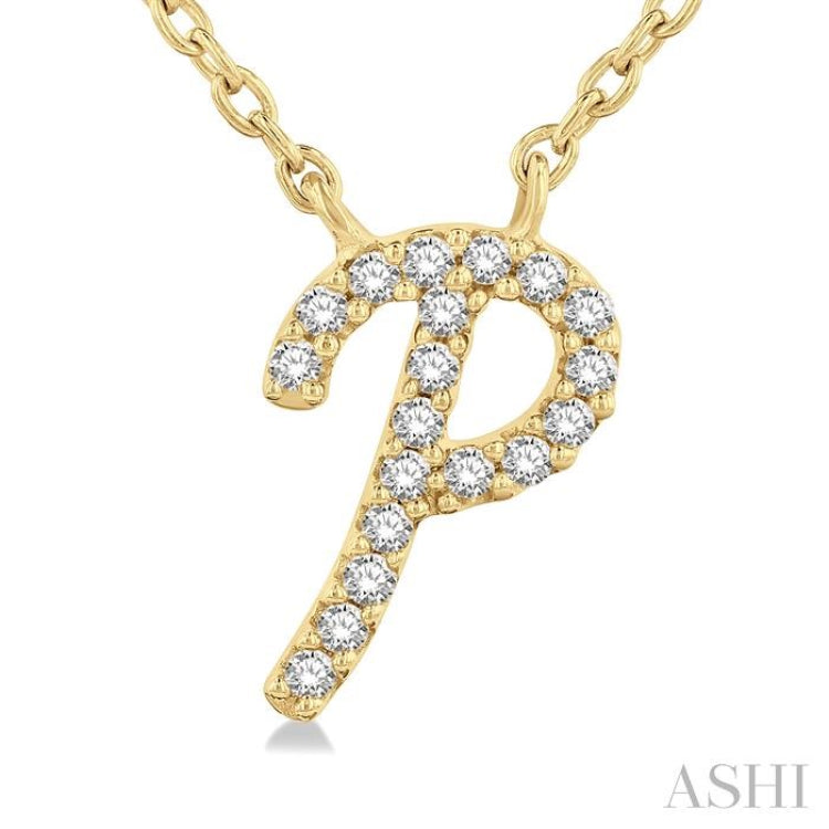 1/20 Ctw Initial 'P' Round cut Diamond Pendant With Chain in 14K Yellow Gold