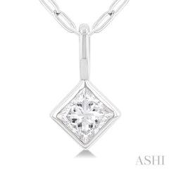 1/5 ctw Princees Cut Bezel Set Diamond Fashion Pendant With Paper Clip Chain in 14K White Gold