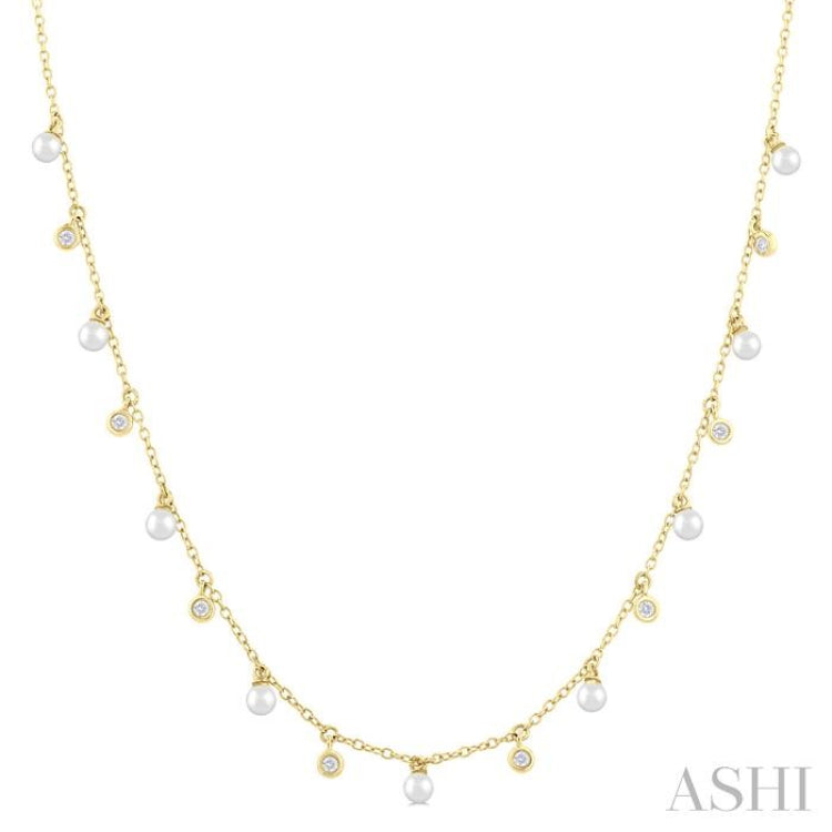 3 MM Cultured Pearl and 1/6 Ctw Round Cut Diamond Station Necklace in 14K Yellow Gold