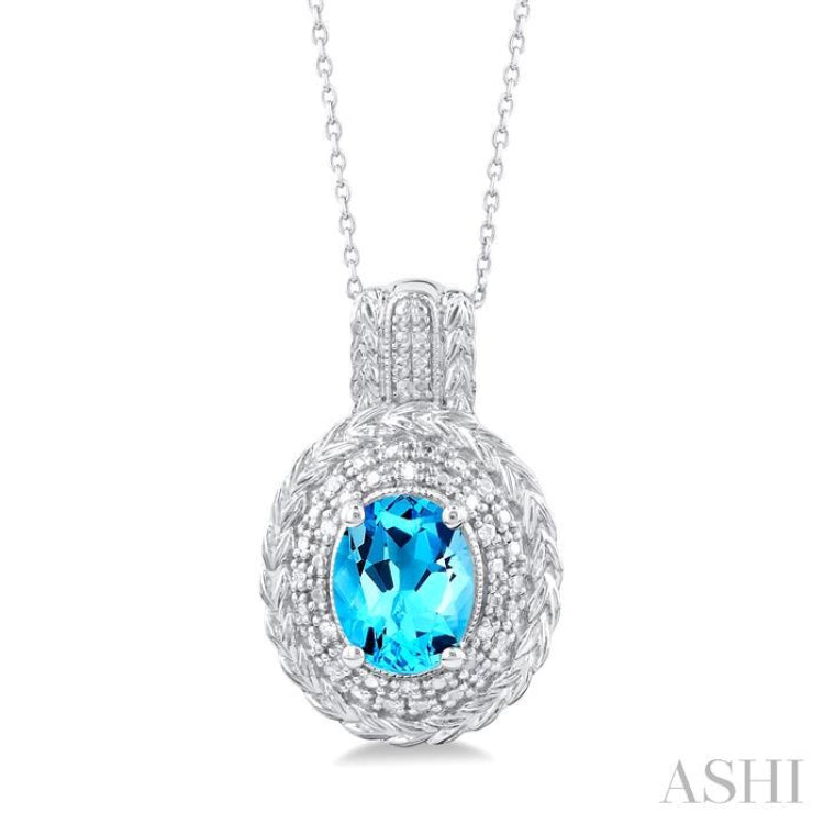 1/20 ctw Oval Cut 9X7 MM Blue Topaz and Round Cut Diamond Semi Precious Pendant With Chain in Sterling Silver