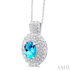 1/20 ctw Oval Cut 9X7 MM Blue Topaz and Round Cut Diamond Semi Precious Pendant With Chain in Sterling Silver