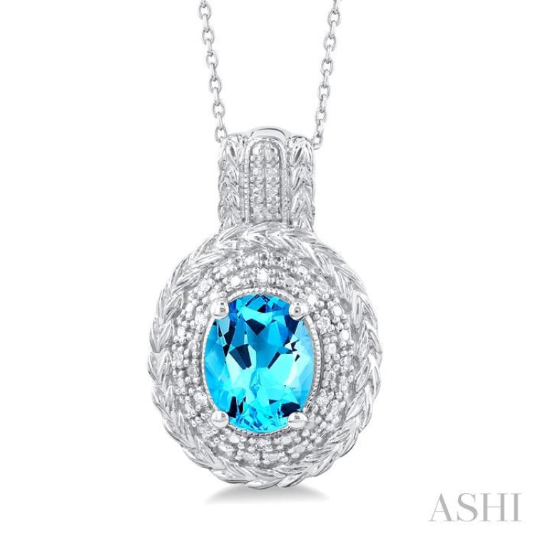 1/20 ctw Oval Cut 9X7 MM Blue Topaz and Round Cut Diamond Semi Precious Pendant With Chain in Sterling Silver