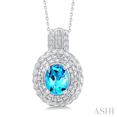 1/20 ctw Oval Cut 9X7 MM Blue Topaz and Round Cut Diamond Semi Precious Pendant With Chain in Sterling Silver