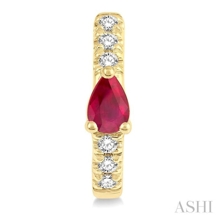 1/10 Ctw 4X3 MM Pear Cut Ruby and Round Cut Diamond Huggie Earrings in 10K Yellow Gold