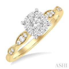 3/8 ctw Diamond Round Shape Lovebright Marquise Shape Carved Shank Engagement Ring in 14K Yellow and White Gold