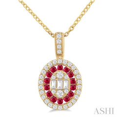 1.25 MM Oval Shape Ruby and 1/4 ctw Baguette and Round Cut Diamond Precious Pendant With Chain in 14K Yellow Gold