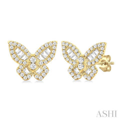 1/2 Ctw Butterfly Baguette and Round Cut Diamond Fashion Stud Earring in 14K Yellow Gold